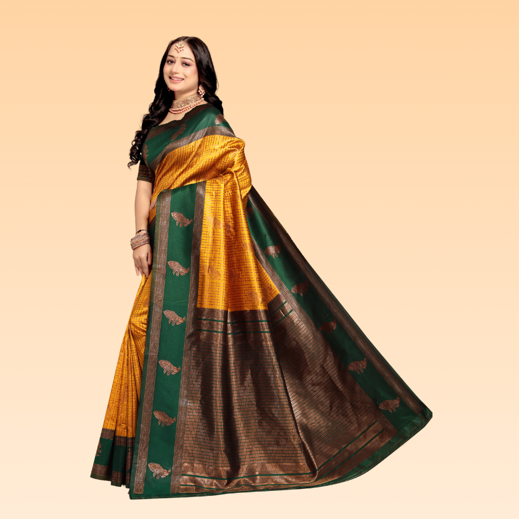 Roma Green & Yellow Silk Banarasi Saree