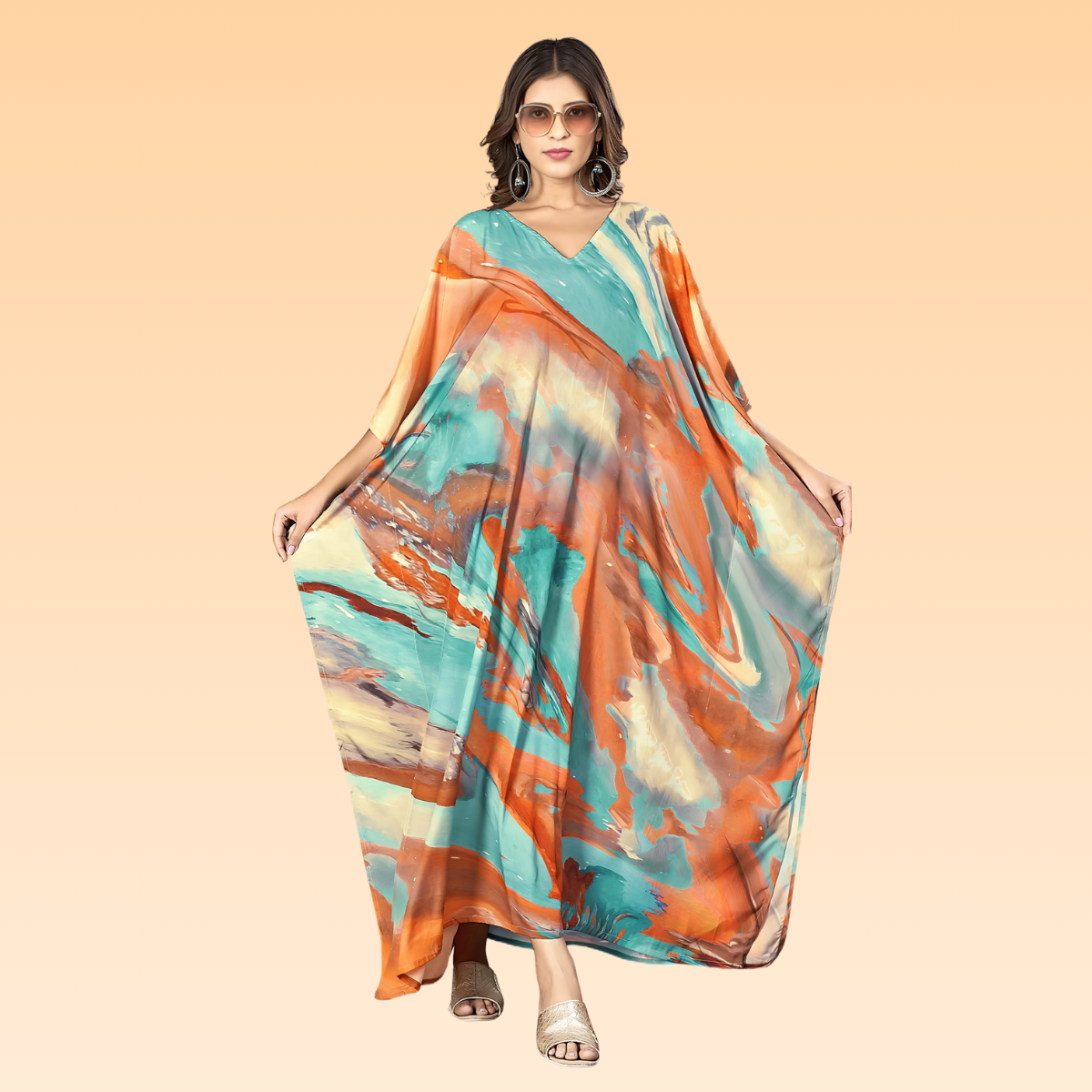 Madhvi Orange & Blue Silk Kaftan