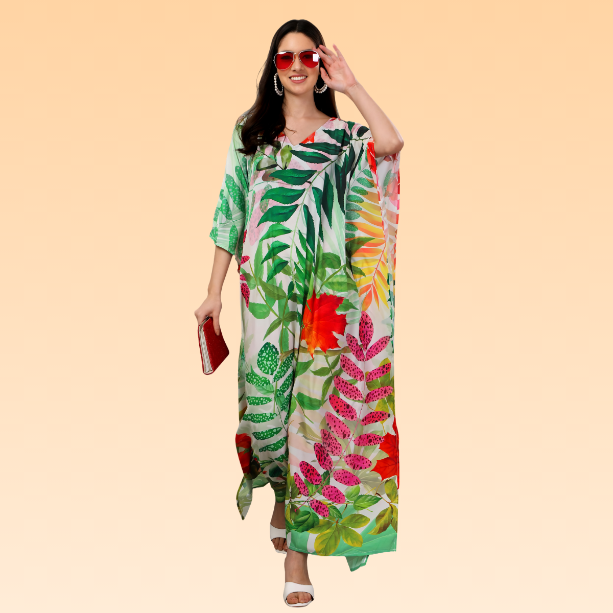 Juhi Green & White Silk Kaftan