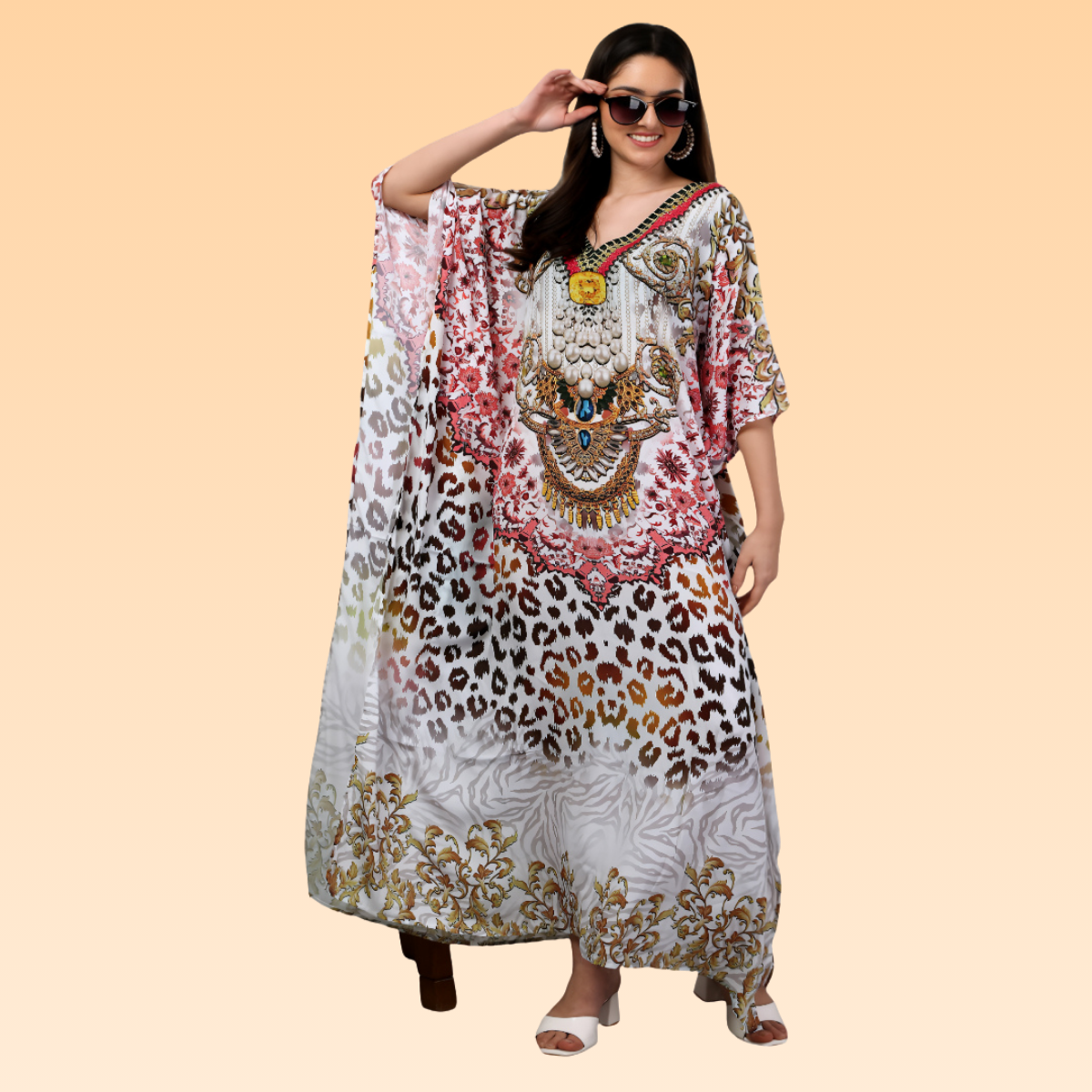 Raveena White & Pink Silk Kaftan