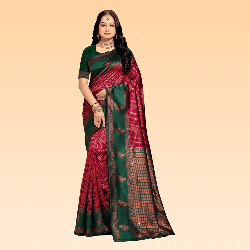 Neha Wine & Green Silk Banarasi Saree