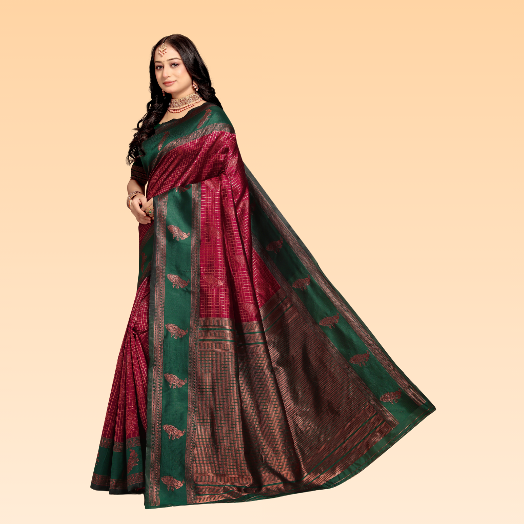 Neha Wine & Green Silk Banarasi Saree
