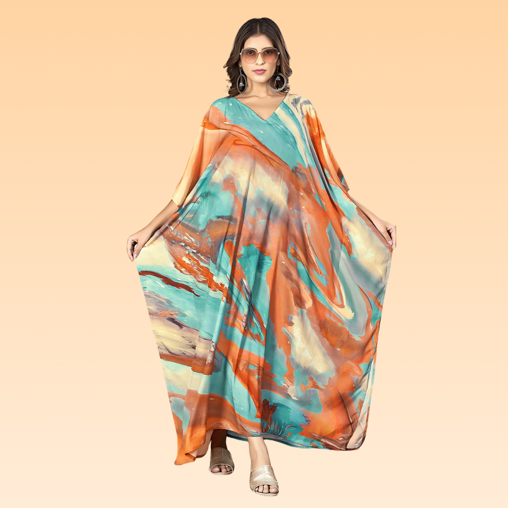 Madhvi Orange & Blue Silk Kaftan