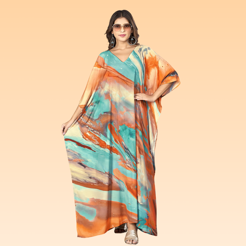 Madhvi Orange & Blue Silk Kaftan